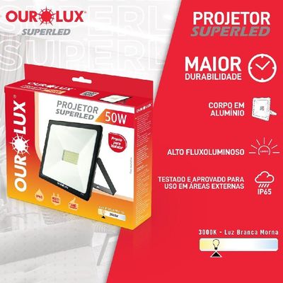 Projetor Led Slim 50w Preto 3000k - Ourolux Refletor Led Slim 3000k 50w Preto Bivolt
