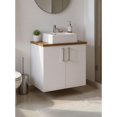Gabinete Para Banheiro Com Cuba E Espelho Com Led 60cm Mdf Freijo Com Branco Paris - On Móveis