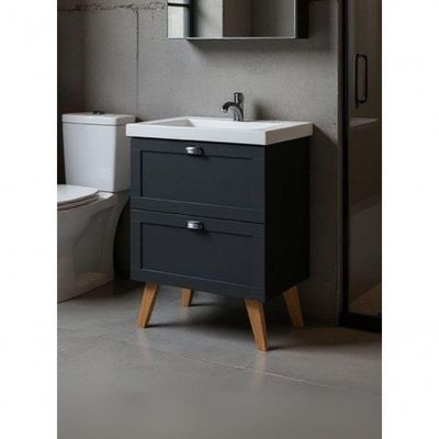 Gabinete Para Banheiro Com Cuba E Espelho 60cm Retro Mdf Grafite Milano - On Móveis