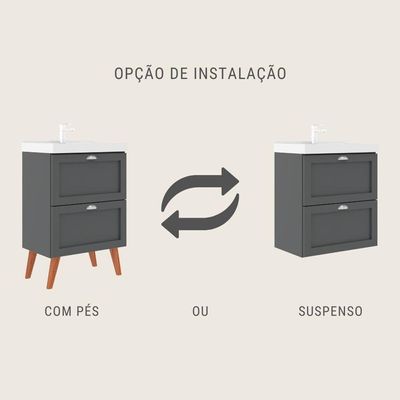 Gabinete Para Banheiro Com Cuba E Espelho 60cm Retro Mdf Grafite Milano - On Móveis