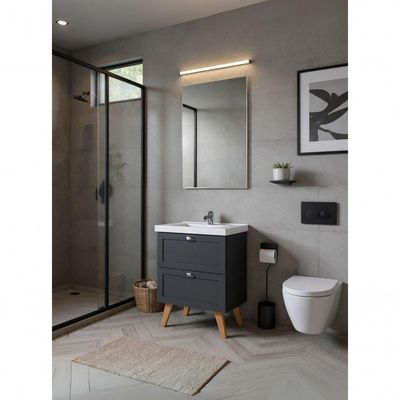 Gabinete Para Banheiro Com Cuba E Espelho 60cm Retro Mdf Grafite Milano - On Móveis