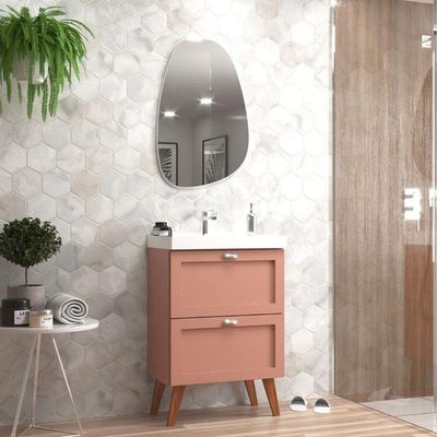 Gabinete Para Banheiro Com Cuba E Espelho Organico 60cm Retro Mdf Rosa Milano - On Móveis
