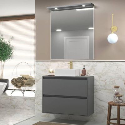 Gabinete Para Banheiro Com Cuba E Espelheira Com Led 80cm Mdf Grafite Dubai - On Móveis