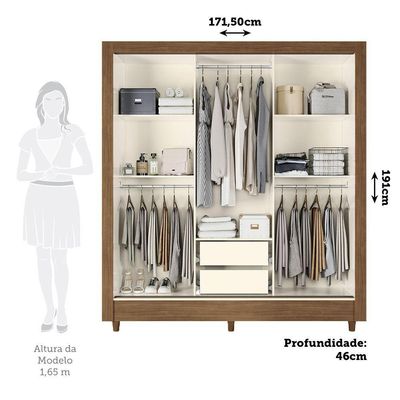 Guarda-roupa 171cm 3 Portas Com Espelho França Santos Andirá Jequitiba/off White
