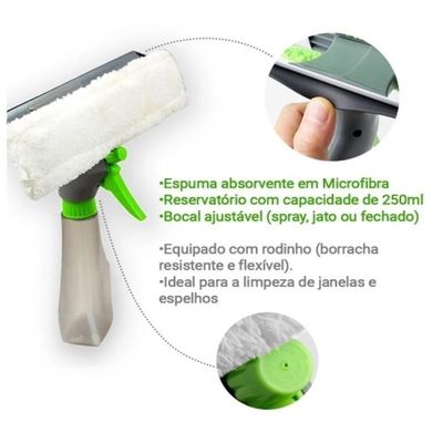 Rodo Mop Reservatorio Limpa Spray Vidro Janela Box Borrifador 3 Em 1 Kit Completo