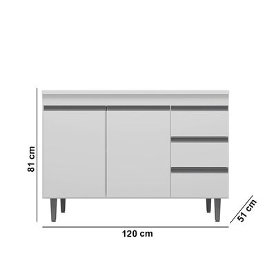 Balcão Cozinha com Tampo 120cm 3 Gavetas Leticia Branco A01 - D'Rossi