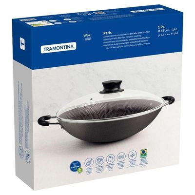 Wok Tramontina Paris Em Alumínio Com Revestimento Em Antiaderente Chumbo Com Tampa De Vidro 32cm