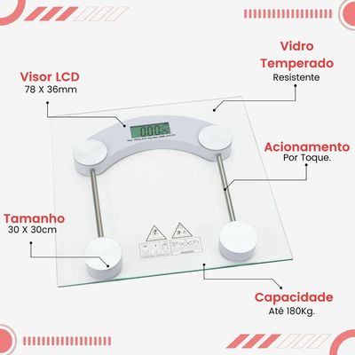 Balança Digital Eletrônica Para Banheiro Academia Quarto Quadrada Transparente De Chão 180kg
