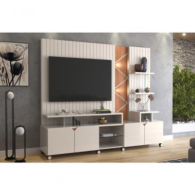 Home Cross Frisado Painel P- Tvs Até 55'' C- 4 Portas E Prateleiras P- Decoração - Off White Perolizado-jequitiba