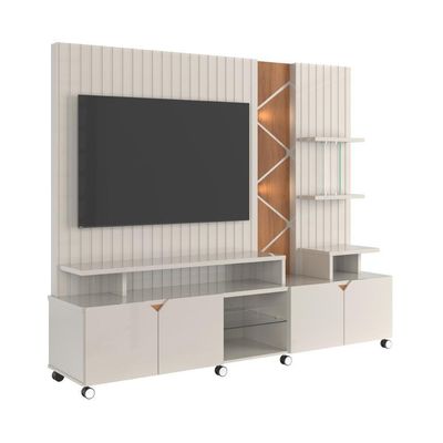 Home Cross Frisado Painel P- Tvs Até 55'' C- 4 Portas E Prateleiras P- Decoração - Off White Perolizado-jequitiba