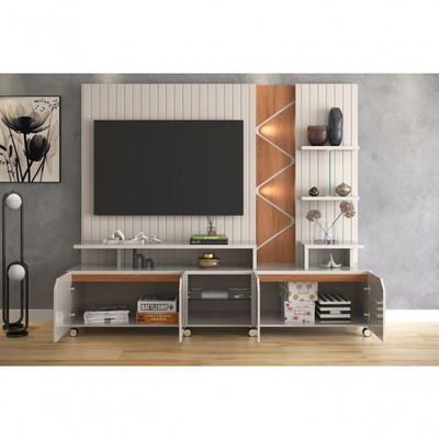 Home Cross Frisado Painel P- Tvs Até 55'' C- 4 Portas E Prateleiras P- Decoração - Off White Perolizado-jequitiba