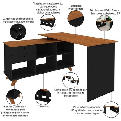Mesa Para Escritório Home Office Escrivaninha Gold A02 Freijó Preto - Lyam Decor