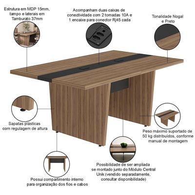 Mesa De Reunião Para Escritório Com 02 Tomadas 179cm Unik A02 Nogal Preto - Lyam Decor
