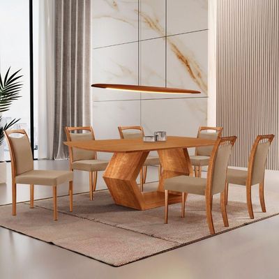 Mesa Ane 180 Tampo Laminado Barril Com 6 Cadeiras Munique Linho Palha Imbuia Natural
