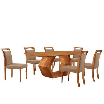 Mesa Ane 180 Tampo Laminado Barril Com 6 Cadeiras Munique Linho Palha Imbuia Natural