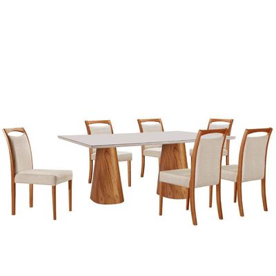 Mesa Noronha 180cm Tampo Com Vidro Laqueado Com 6 Cadeiras Linho Off White Imbuia Natural