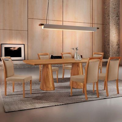 Mesa Noronha 180cm Tampo Laminado Barril Com 6 Cadeiras Livi Linho Palha Imbuia Natural