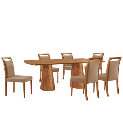 Mesa Noronha 180cm Tampo Laminado Barril Com 6 Cadeiras Livi Linho Palha Imbuia Natural
