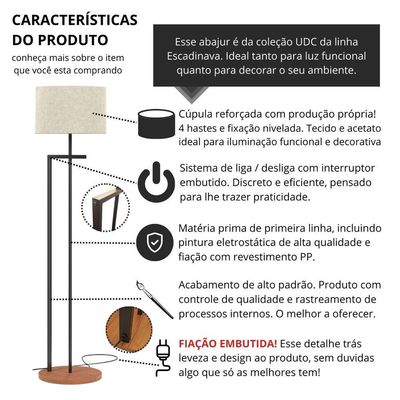Luminária Abajur De Chão Salone Decorativa Em Aço Carbono Preto Com Cúpula