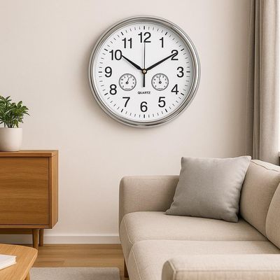 Relógio Redondo Médio Decorativo Luxo Sala Cozinha Quarto Escritório Consultório Prata
