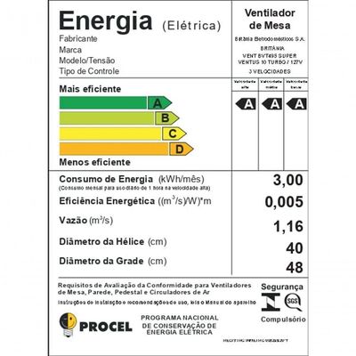 Ventilador Britânia Super Ventus 10 Turbo 165W BVT495PA 110V