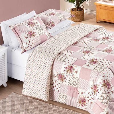 Kit Edredom Dallas Queen Dupla Face Microfibra 3 Peças - Rosa Matura Patchwork