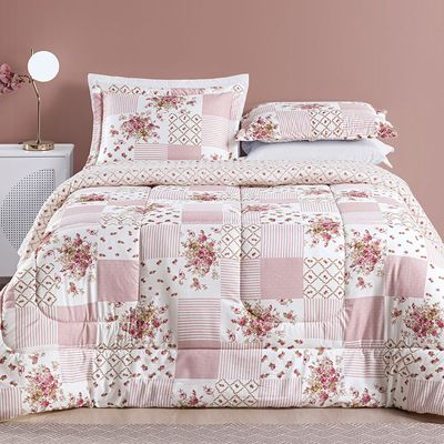 Kit Edredom Dallas Queen Dupla Face Microfibra 3 Peças - Rosa Matura Patchwork