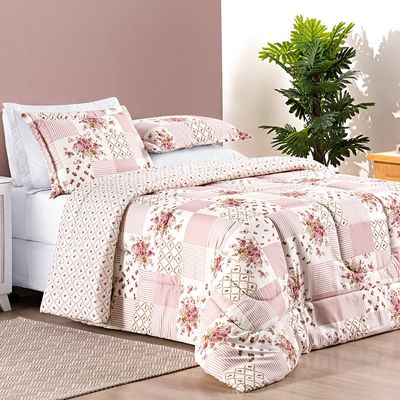 Kit Edredom Dallas Queen Dupla Face Microfibra 3 Peças - Rosa Matura Patchwork