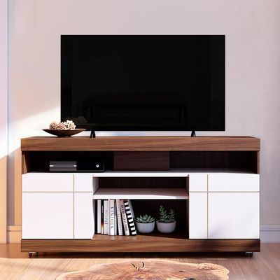 Rack Para Sala de Estar TV 47 Pol com Rodízios Raya C04 Nogueira Real Off White - Lyam Decor