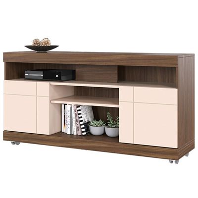 Rack Para Sala de Estar TV 47 Pol com Rodízios Raya C04 Nogueira Real Off White - Lyam Decor