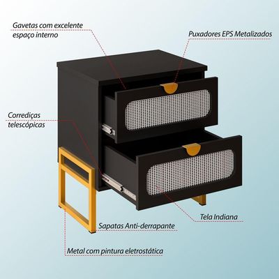 Mesa De Cabeceira Luxo Titanium Com Fino Acabamento 45cm - Preto / Dourado