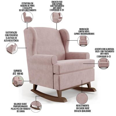 Poltrona De Amamentação Com Balanço Malu Base De Madeira P02 Suede Rosê - Lyam Decor