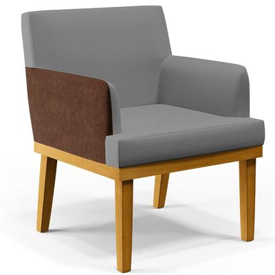 Kit 3 Poltronas Decorativas Sala Estar Beatriz W01 Linho Cinza Escuro Couríssimo Marrom - Lyam Decor