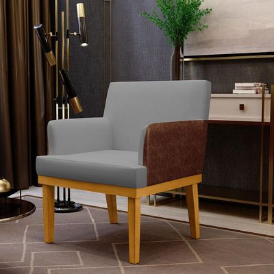 Kit 3 Poltronas Decorativas Sala Estar Beatriz W01 Linho Cinza Escuro Couríssimo Marrom - Lyam Decor