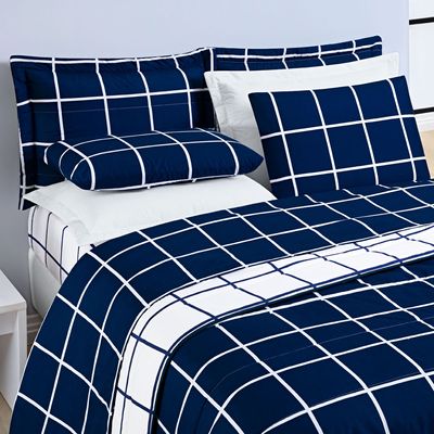 Kit Cobre Leito Brooklyn Queen Quadriculado Micropercal 200 Fios 3 Peças - Azul Marinho