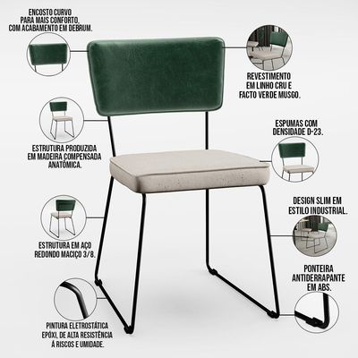 Mesa Capri 160cm Off White E 6 Cadeiras Allana B05 Facto Verde Musgo Linho Cru - Lyam Decor