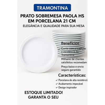 Jogo 12 Pratos Sobremesa Tramontina Paola Porcelana 21 cm