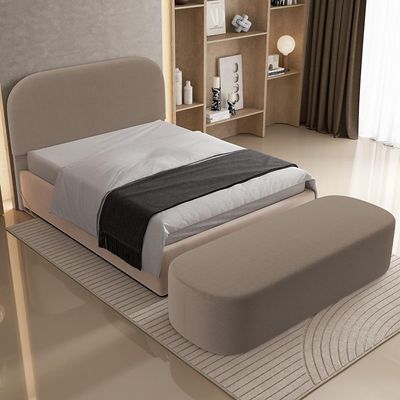 Cabeceira Cama Box King 195cm Lanna com Puff Recamier Doha W01  Bouclê Bege - Lyam Decor