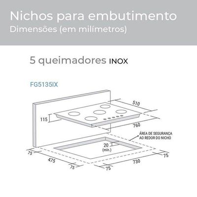Cooktop 5 Bocas Aço Inox à Gás Suggar FG5135IX Inox Bivolt