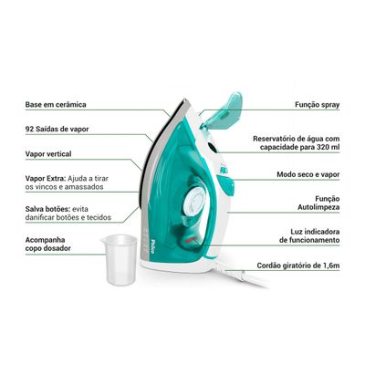 Ferro de Passar a Vapor Philco 320ml Base Cerâmica PFV71 127V