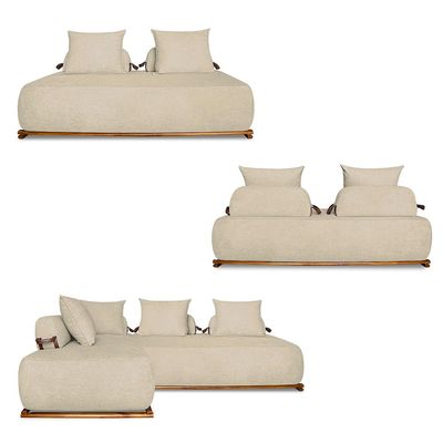 Sofá Modulado 6 Lugares com Almofadas Soltas Pés Madeira Maciça 440cm Homer Bouclê Bege G63 - Gran Belo