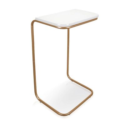 Kit 2 Mesas Lateral Tampo Branco P/ Sofá Base Dourado