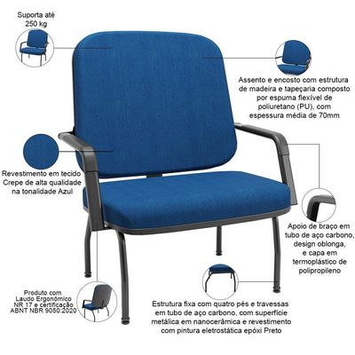 Kit Cadeira De Escritório Giratória E 2 Cadeiras Fixas Preta Magno P03 Crepe Azul - Lyam Decor