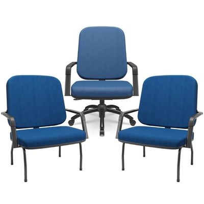 Kit Cadeira De Escritório Giratória E 2 Cadeiras Fixas Preta Magno P03 Crepe Azul - Lyam Decor
