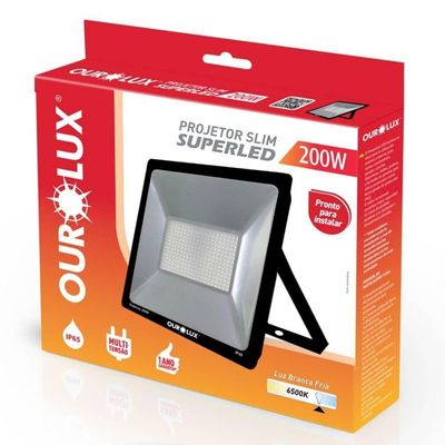 Projetor Superled Slim Preto Bivolt De 200 Watts E 6500k - 03269 - Ourolux