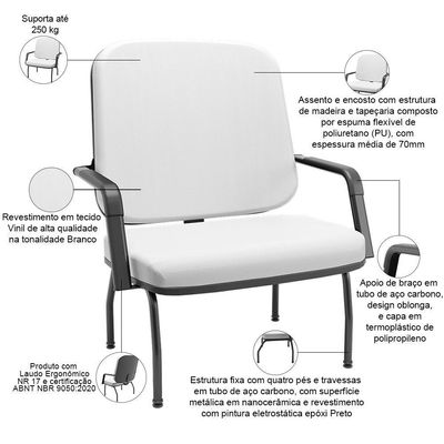Cadeira De Escritório Recepção Com Braço Fixa Preta Magno P03 Vinil Branco - Lyam Decor
