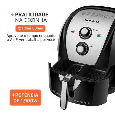 Fritadeira Sem Óleo Com Divisória Air Fryer 8L Mondial Preto/Inox 1900W - AFD-80-BI 127V