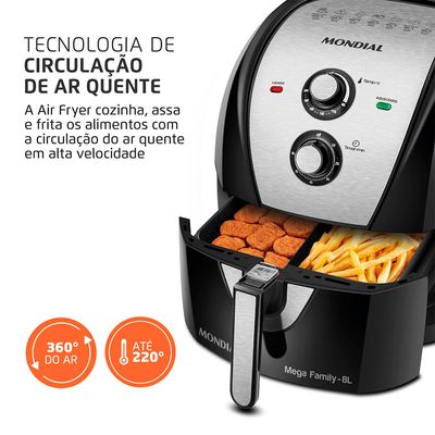 Fritadeira Sem Óleo Com Divisória Air Fryer 8L Mondial Preto/Inox 1900W - AFD-80-BI 127V