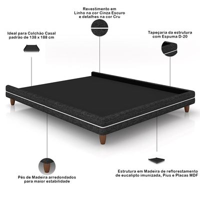 Cabeceira Casal Nilo 140cm Com Cama Pés Madeira Suném P05 Linho Cinza Escuro - Lyam Decor