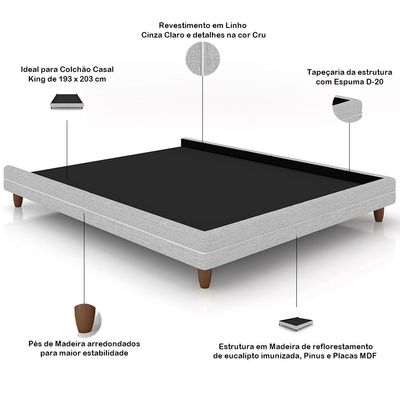 Cabeceira Casal Nilo 160cm Com Cama Pés Madeira Suném P05 Linho Cinza Claro - Lyam Decor